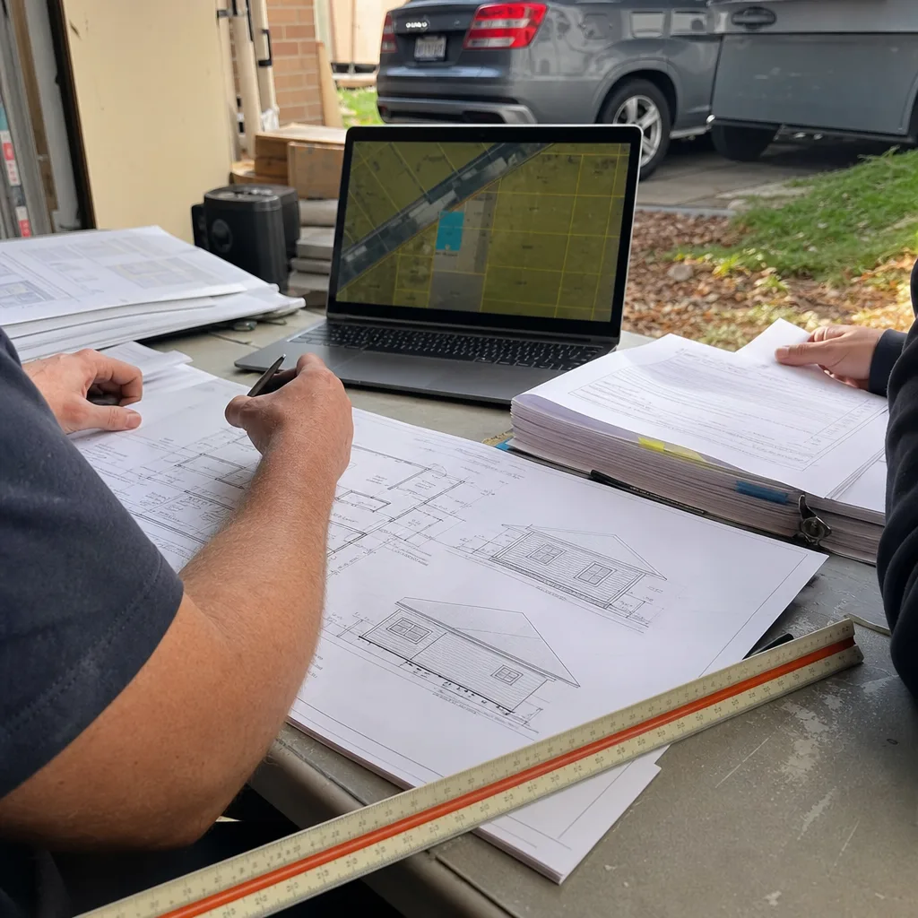 Professionals reviewing ADU architectural blueprints and site plans for design and permitting