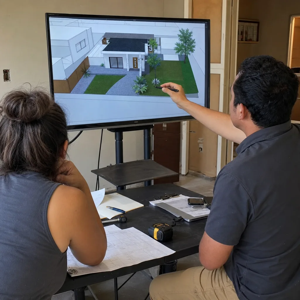 Architect and client reviewing ADU design plans on a digital screen