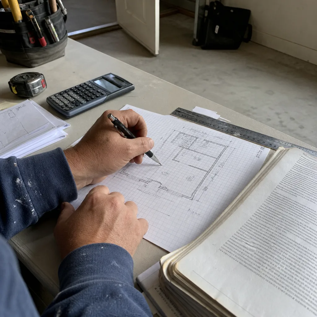 Professional designer drawing ADU building plans and permits on workspace