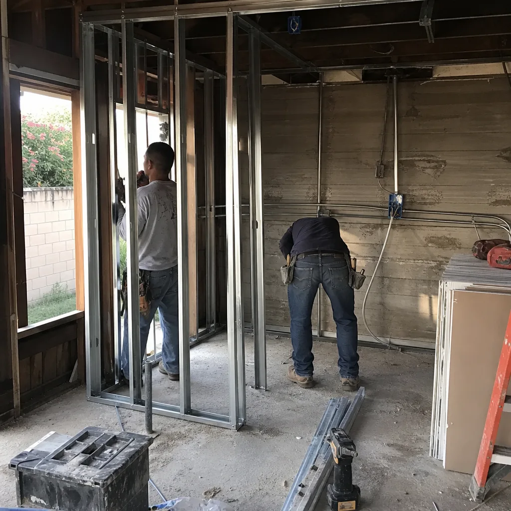 Contractors installing metal framing for a garage conversion ADU project.
