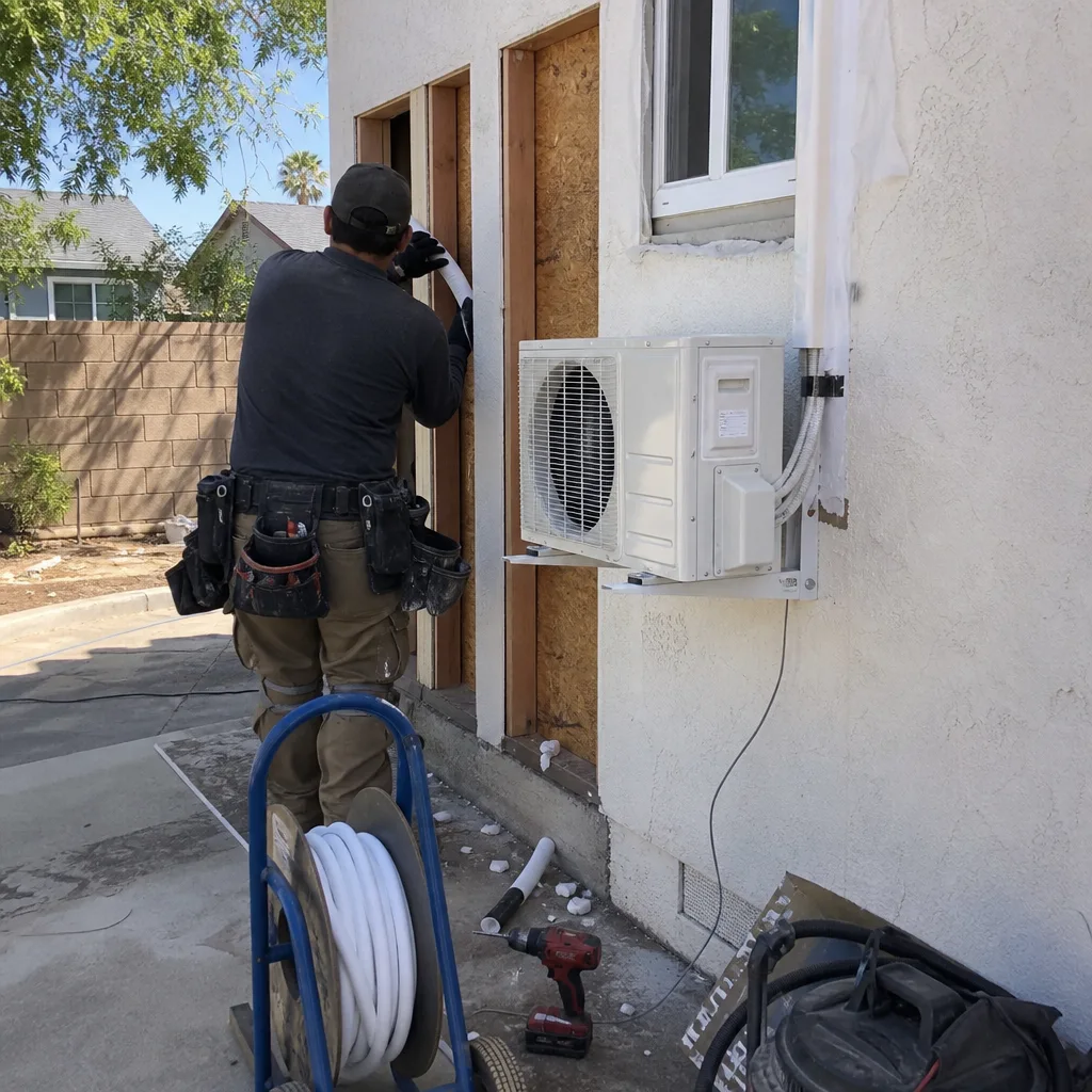 Contractor installing HVAC system for a residential garage conversion ADU