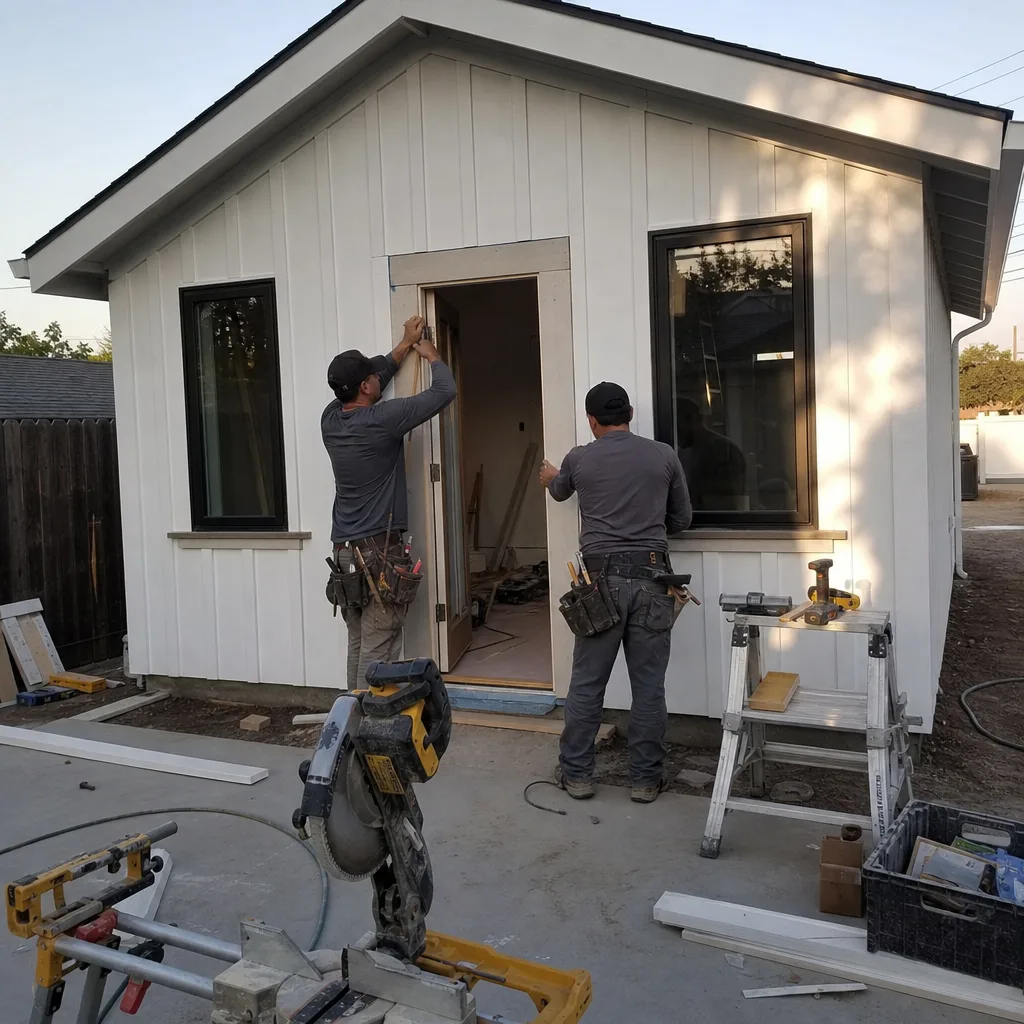 Two construction workers installing trim on a modern detached ADU