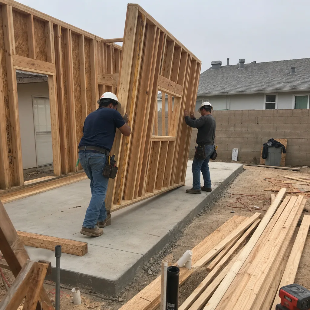 Construction workers installing a wall frame for a new detached ADU